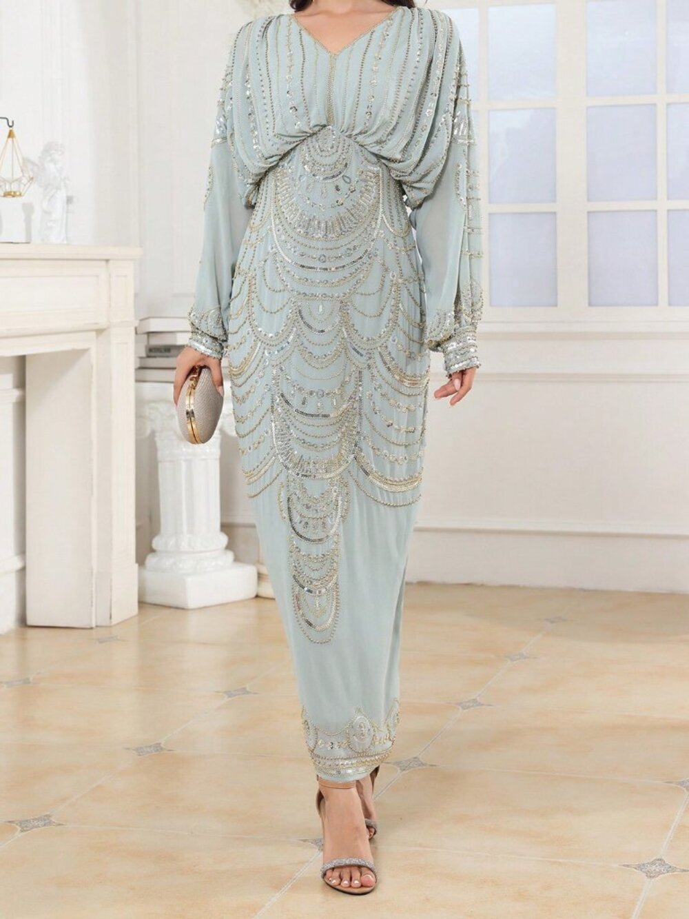 Light Wash Royal Women's Elegant Sequin Formal Gown